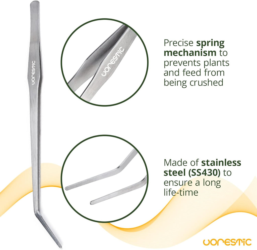 2PCS 15" Curved Aquarium Tweezers Long and 9.8" Aquarium Scissors, Feeding Tongs and Scissors with Protective Cap, Stainless Steel Aquascaping Tools for Plant Trimming and Reptile Feeding