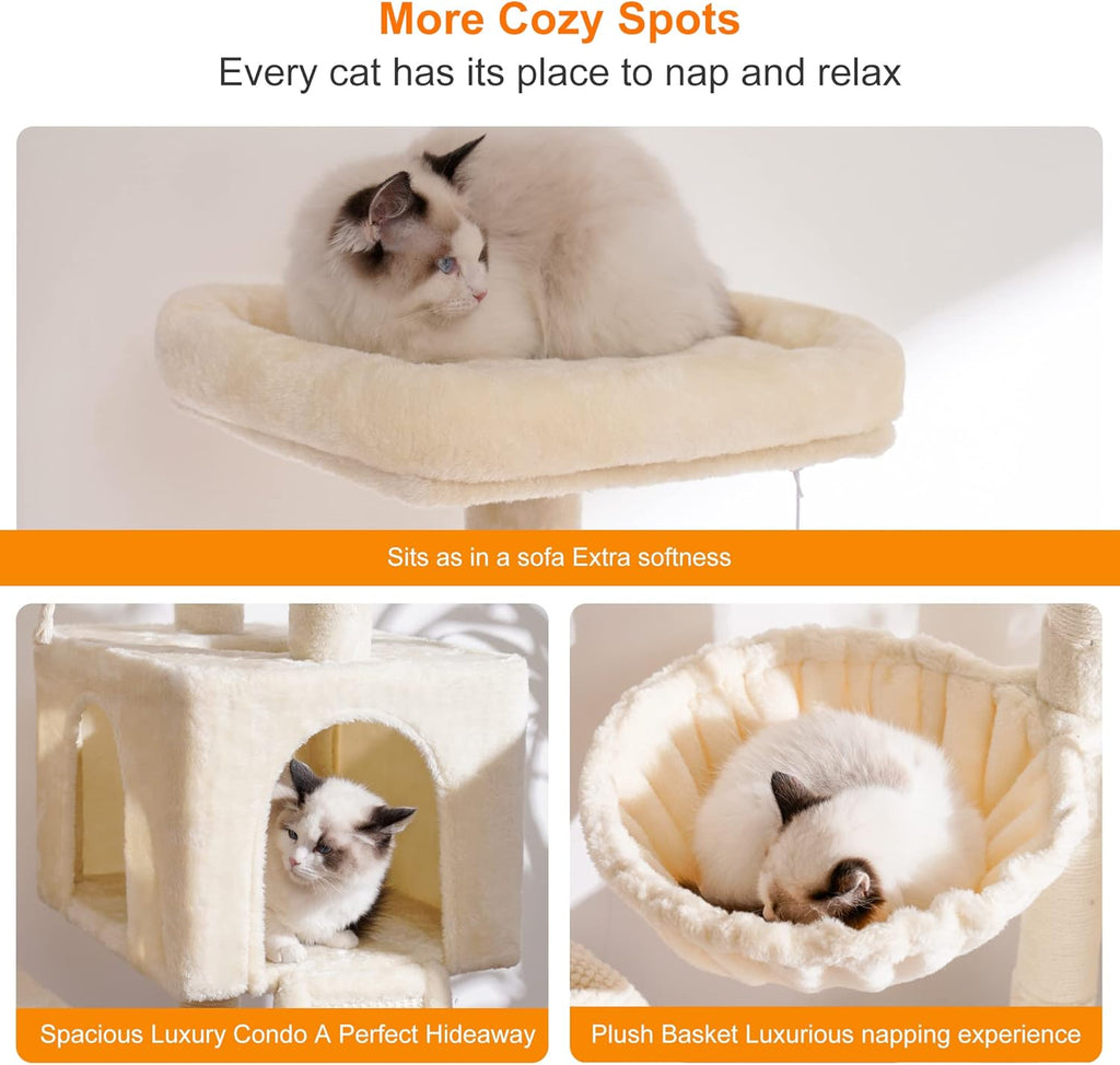 Heybly Cat Tree, Cat Tower for Indoor Cats with Scratching Board, Multi-Level Cat Furniture Condo with Feeding Bowl, Beige HCT010MM