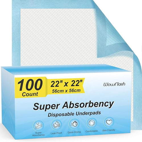 100 Count 22” x 22” Super Absorbency Disposable Underpads, Leakproof Quick by Wowflash