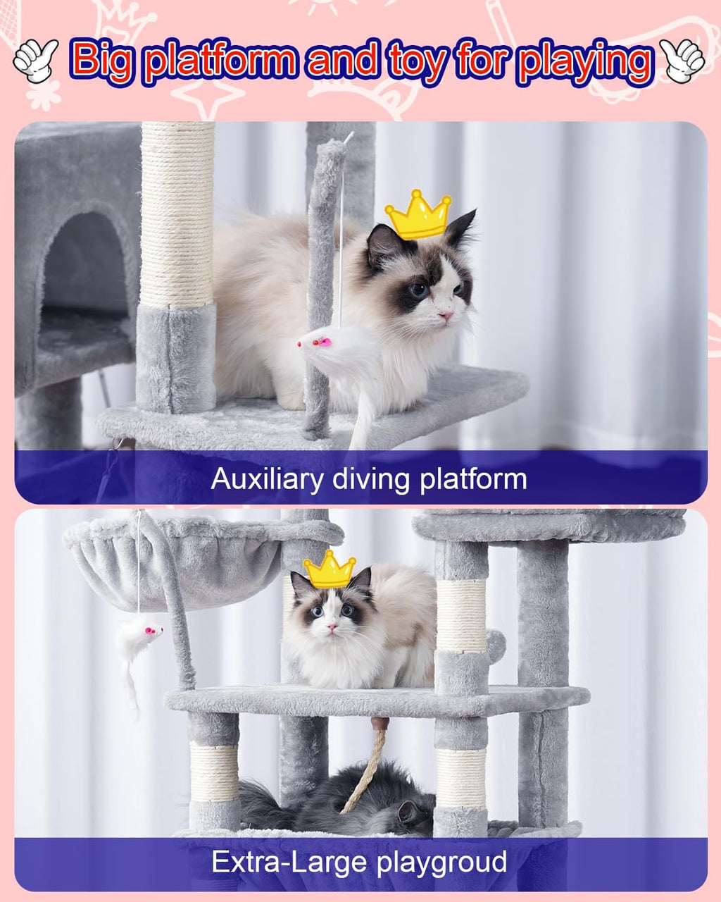 Cat Tree, Cat Tower for Large Cats with 2 Big Platforms, 2 Baskets, condo and Toys, 63" Cat Scratching Posts for Indoor Cats, Light Gray GCT020W