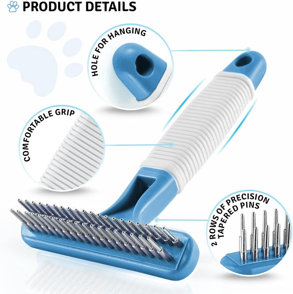 POODLIE Poodle Pet Dog Grooming Rake | Dematting Tool with Stainless Steel Shedding Comb for Pets | 2 Rows of Pins Gently Remove Loose or Tangled Hair from Undercoat (Blue)