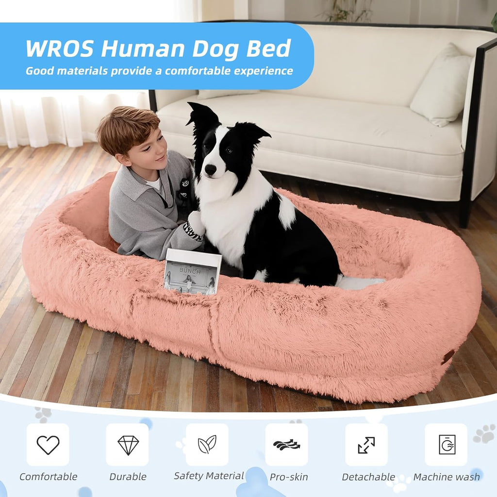 Human Dog Bed for Adults & Pets, 63"x32"x10" Faux Fur Nap Bed with Pillow, Blanket & Strap, Orthopedic Washable Lounger for Sleeping, Relaxing, Cuddling – Pink