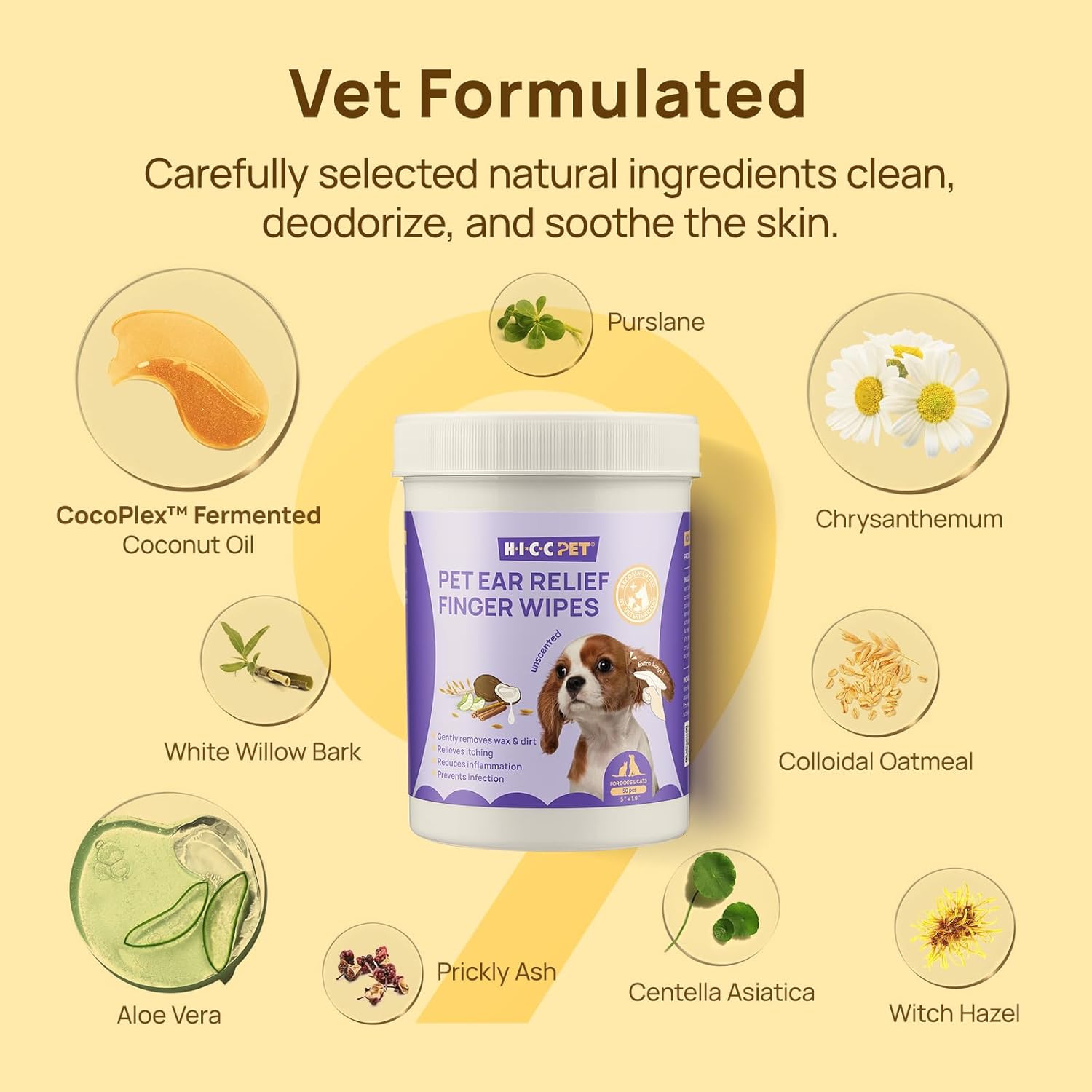 HICC PET Dog Ear Finger Wipes, Ear Cleaner Wipes for Dogs & Cats, Dog Ear Infection Treatment to Relief Itching & Inflammation, Remove Wax, Dirt & Stop Smelly, Non-Irritating, 50ct(Unscented)