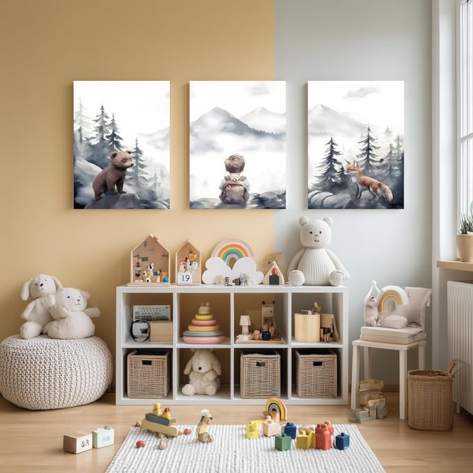 Cyebmo Framed Woodland Boy Nursery Wall Art Set of 3, Whimsical Boy Adventure Wall Decor, Mountain Forest Animal Bear Fox Wrapped Canvas Artwork for Classroom Kids Room Baby Nursery 12"x16"x3