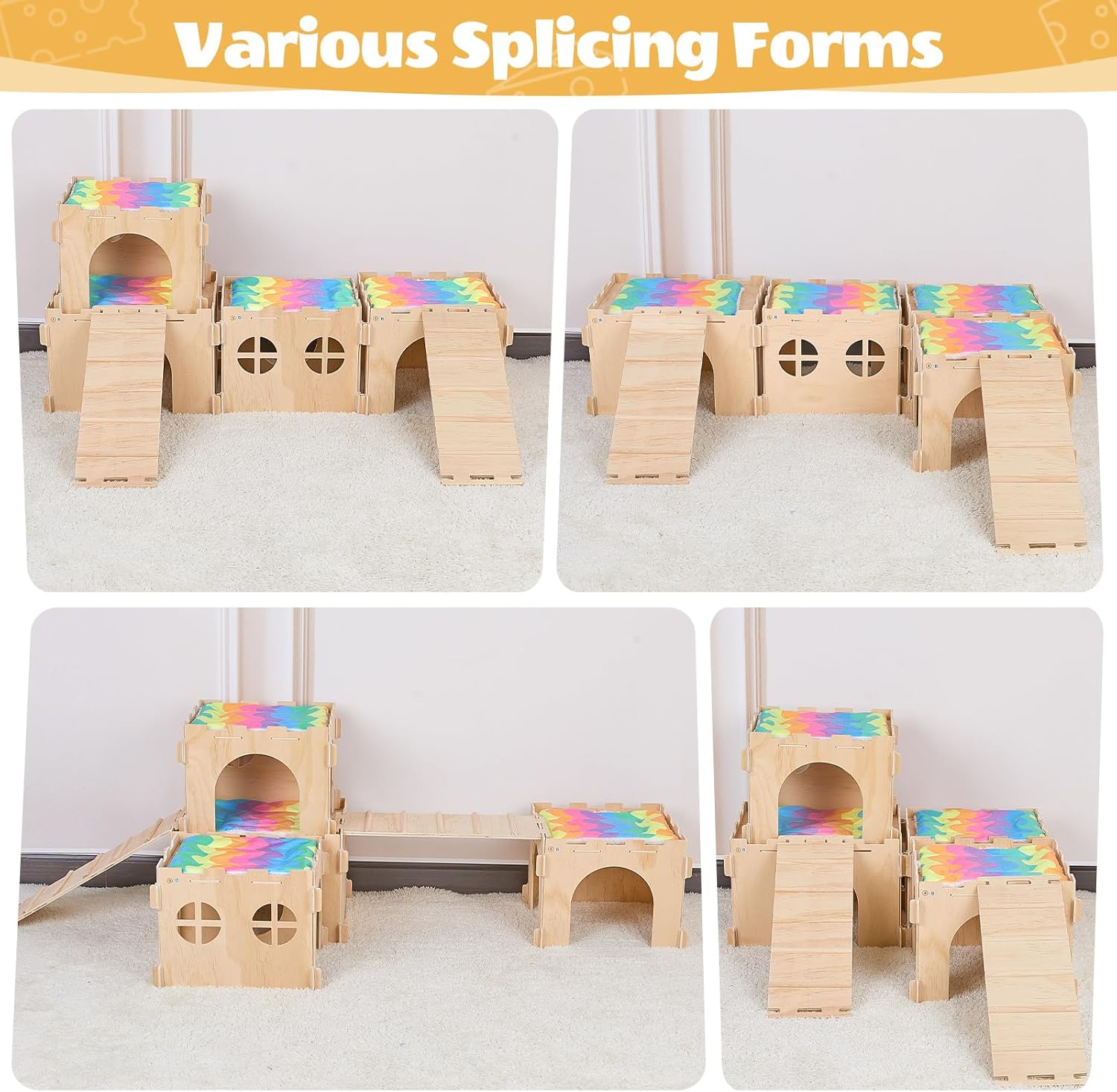 Guinea Pig Hideout, Guinea Pigs House with Stairs and Mats Extra Large Guinea Piggy Castle Detachable Hideouts for Small Animals Wooden Guinea Pig Habitats with Multiple Doors and Windows