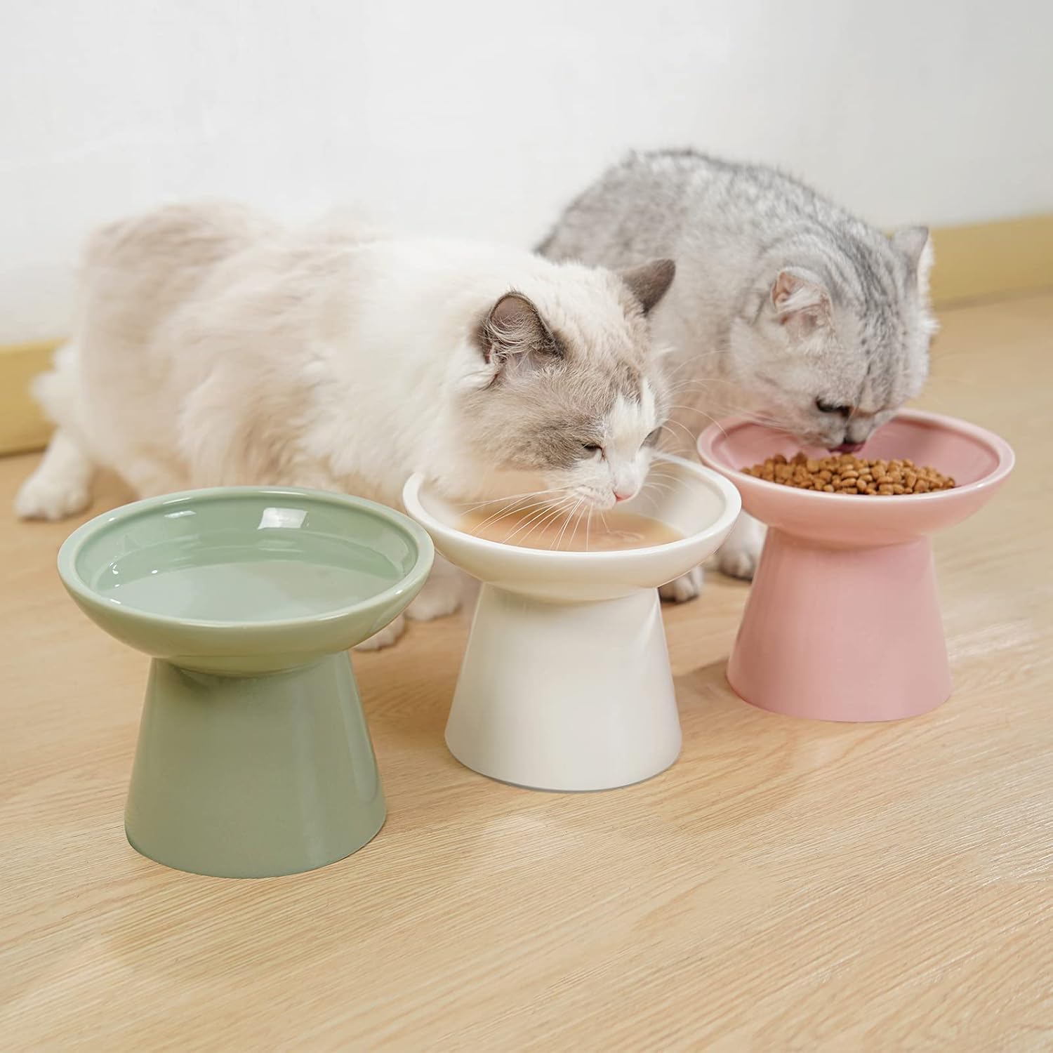 Extra Wide Elevated Ceramic Cat Bowl, 6.2" Shallow Dish for Whisker Fatigue Relief, 5" Height for Easy Feeding, Durable Raised Cat Food Bowls, Pack of 2, White