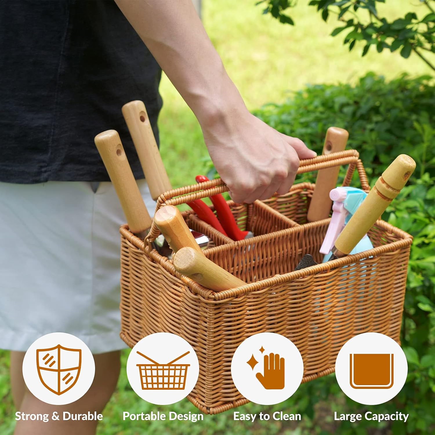 SOLIGT Garden Tools Set with Basket, Heavy Duty Stainless Steel Gardening Hand Tool with Wood Handle, Pruning Shears, Gloves - Perfect Gardening Gifts Planting Supplies for Women Men