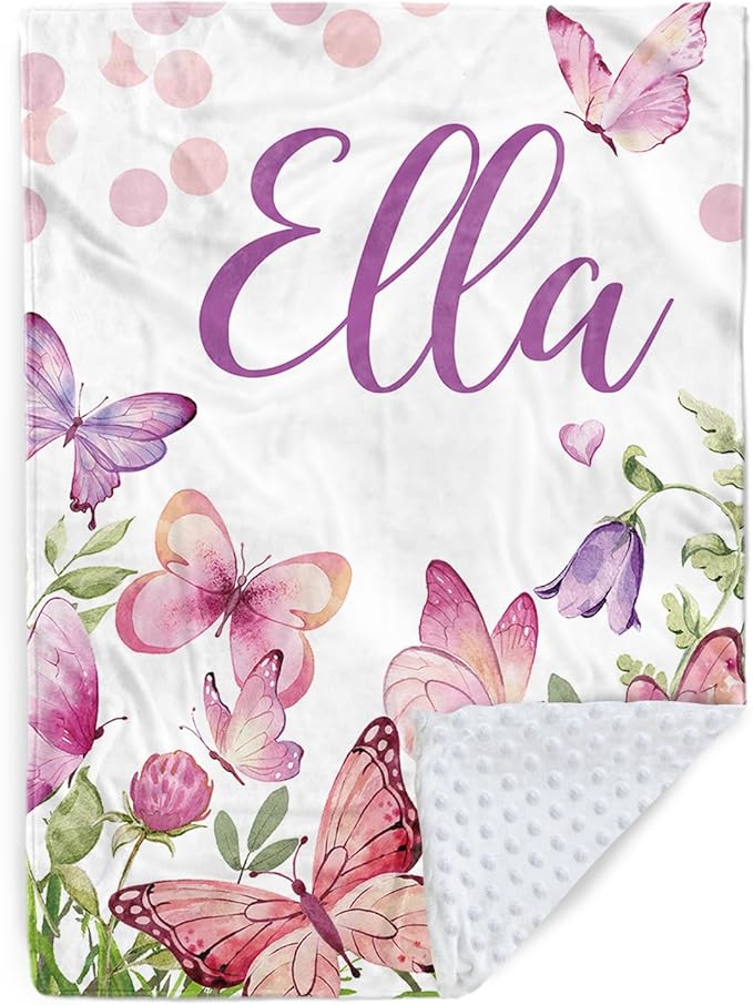 Personalized Baby Blanket for Girls, Custom Name Blanket for Newborn New Mom, Soft Flannel with Double Layer Dotted Backing, Ideal Gifts for Baby Shower Christmas Birthday, Butterfly(47" x60)