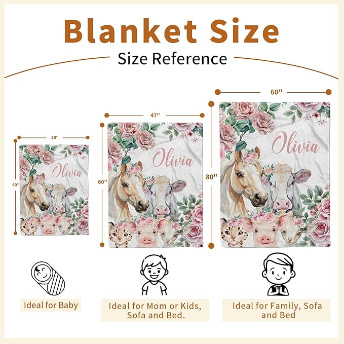 Personalized Baby Blankets for Boys Girls, Custom Baby Blanket with Name, Farm Animals Blanket Personalized, Receiving Swaddle Blanket Suitable for Infants & Toddler, (47" x60)