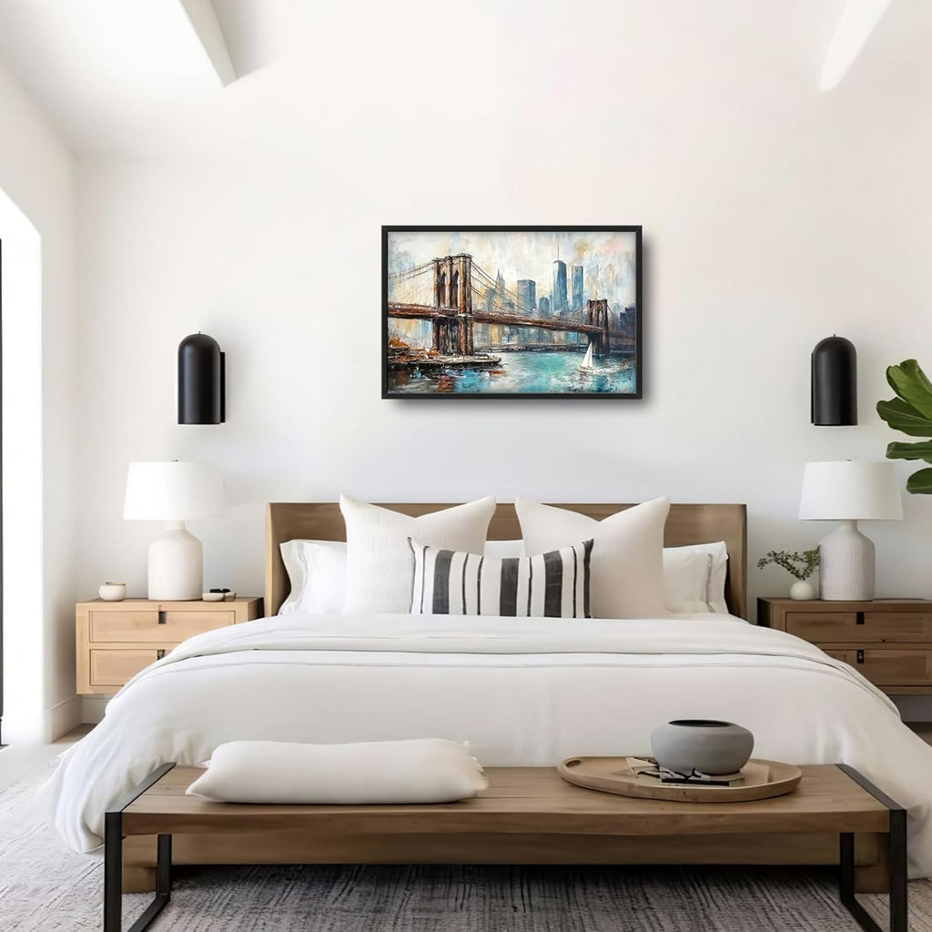 Extra Large Framed Brooklyn Bridge Wall Art,New York City Wall Decor,Abstract Skyline Cityscape Pictures for Living Room,Canvas Print Painting Modern Artwork Bedroom Office Bathroom 36L x24W