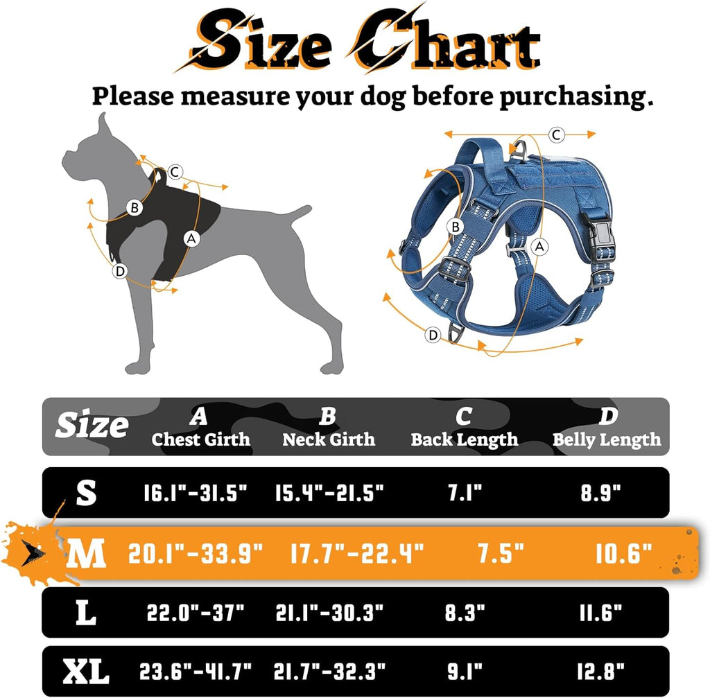 rabbitgoo Dog Harness Medium Sized No Pull, Tactical Service Pet Vest with Molle and Control Handle, Adjustable and Reflective Military Harness for Easy Walking and Training, Blue, M
