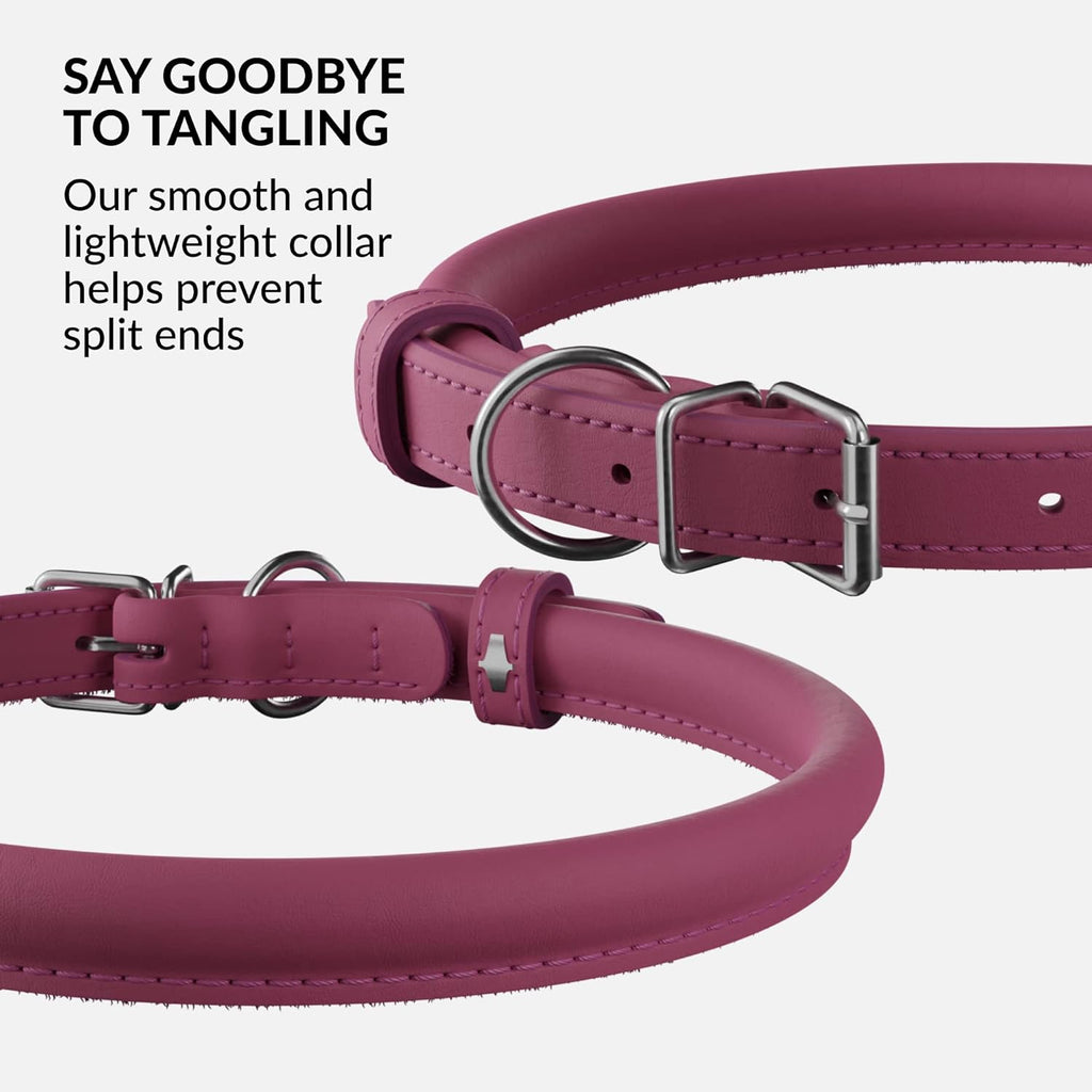 CollarDirect Rolled Leather Dog Collar, Soft Padded Round Puppy Collar, Handmade Genuine Leather Collar Dog Small Large Cat Collars 13 Colors (13-16 Inch, Pink Smooth)