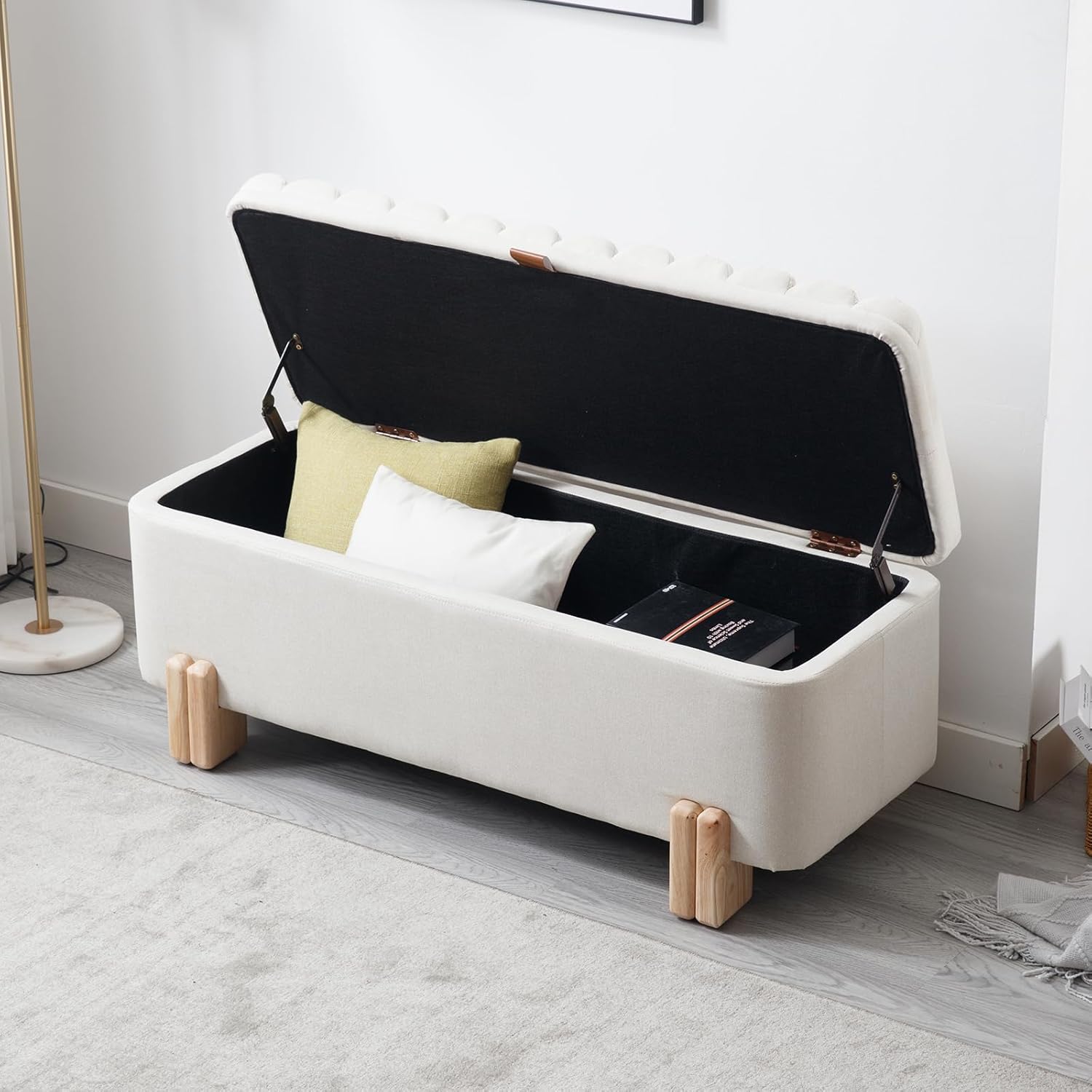 Kmax 45" Storage Bench Linen Entryway Bench Upholstered Ottoman Bench with Wavy Top & Safty Hinge for Bedroom Living Room Hallway, Beige