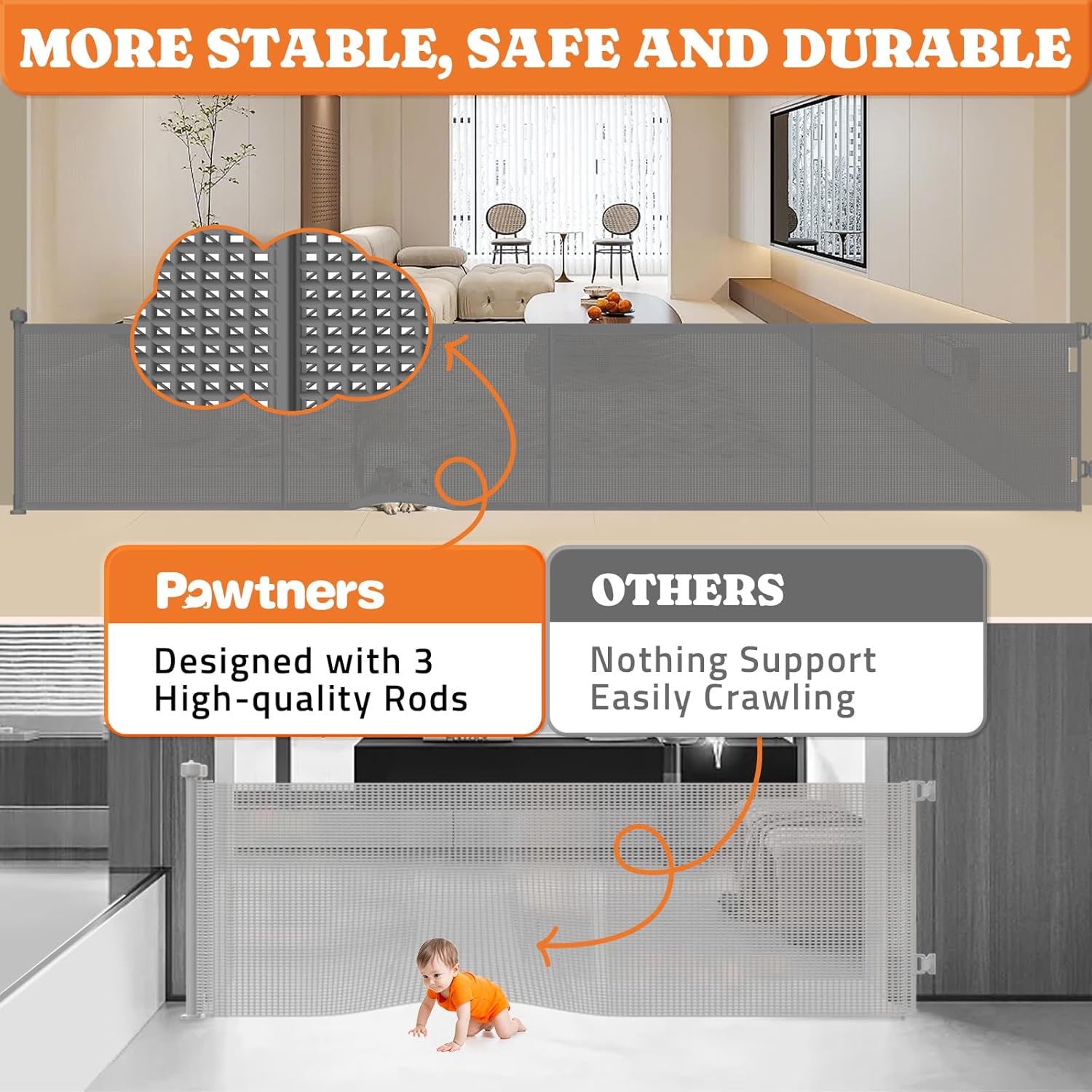 Upgrade 200" Retractable Baby Gates Extra Wide with Reinforced Strips, Mesh Retractable Dog Gate for Garage, 41" Tall Retractable Gate Indoor Outdoor for Pet and Baby-Grey