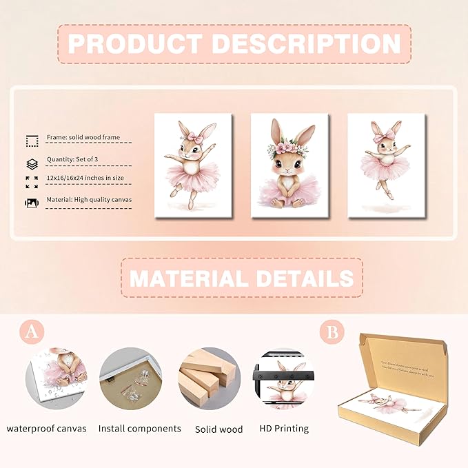 Baby Girl Nursery Wall Decor, Easter Nursery Canvas Wall Art Paintings Set of 3, Cute Animal Pink Bunny Posters Prints Pictures for Boys and Girls Room, Bedroom, Home Decor 16x24 In Framed