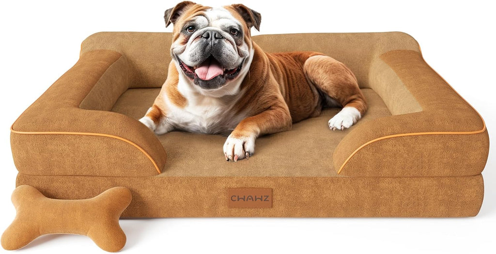 Dog Beds for Large Dogs, Orthopedic Dog Bed with Cooling Gel Memory Foam, Waterproof Large Pet Bed with Removable Washable Cover, 36" Pet Sofa Couch Dutch Velvet with Bone Toy, Brown