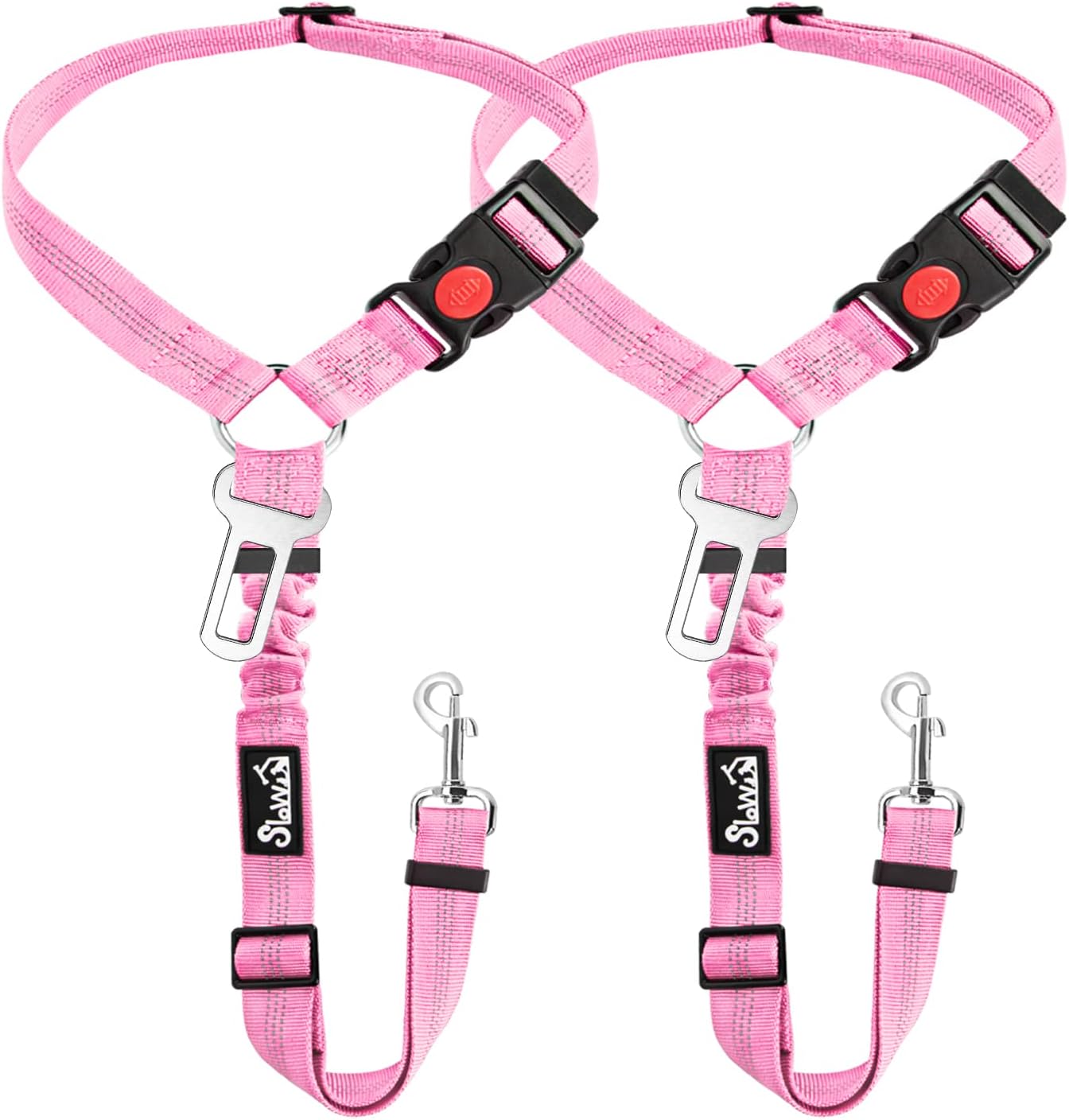 SlowTon Dog Seat Belt for Car, 2 Pack Dog Car Harness Seatbelt Adjustable with Elastic Bungee Buffer, 2 in 1 Pet Car Leash Headrest Restraint Dog Reflective Safety Tether (Pink, Headrest+Clip)
