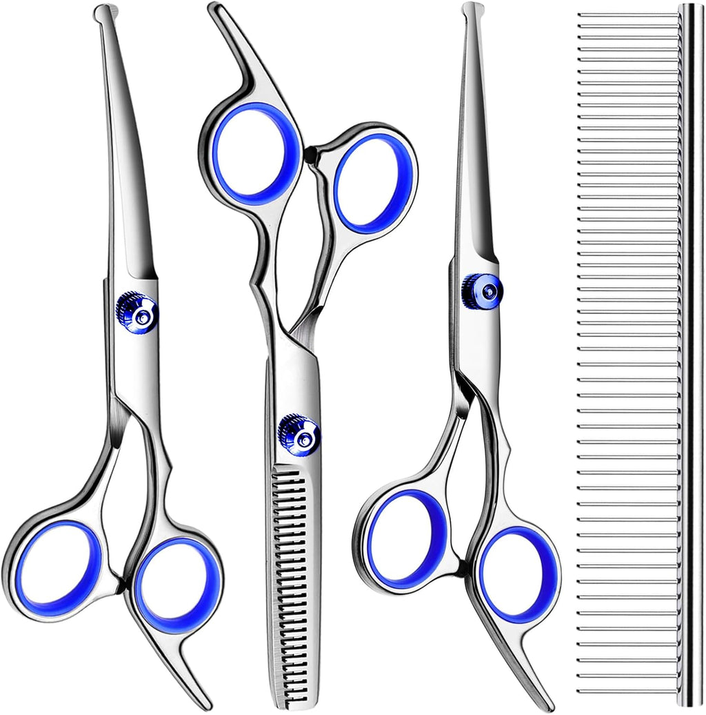 Professional Dog Grooming Scissors Kit, Titanium Coated Dog Scissors for Grooming, Grooming Shears Kit - Straight,Thinning, Curved Scissors and Comb for Dog Cat Pet (Blue 5 in 1)