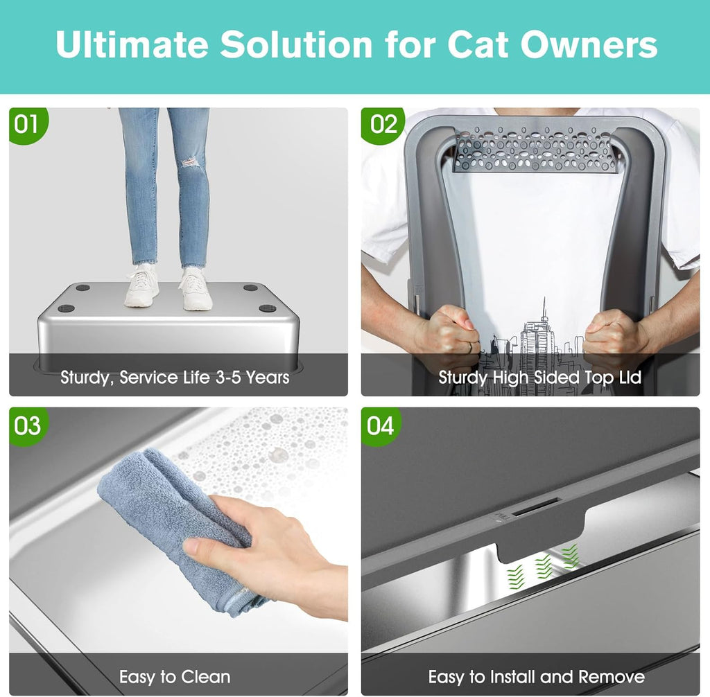 Stainless Steel Cat Litter Box with High Sides Lid, Extra Large XL Litter Box for Big Cats,Enclosed Metal Kitty Litter Pan with Anti-Leakage Enclosure, Non-Stick, Odorless,Scoop Included (Dark Grey)…