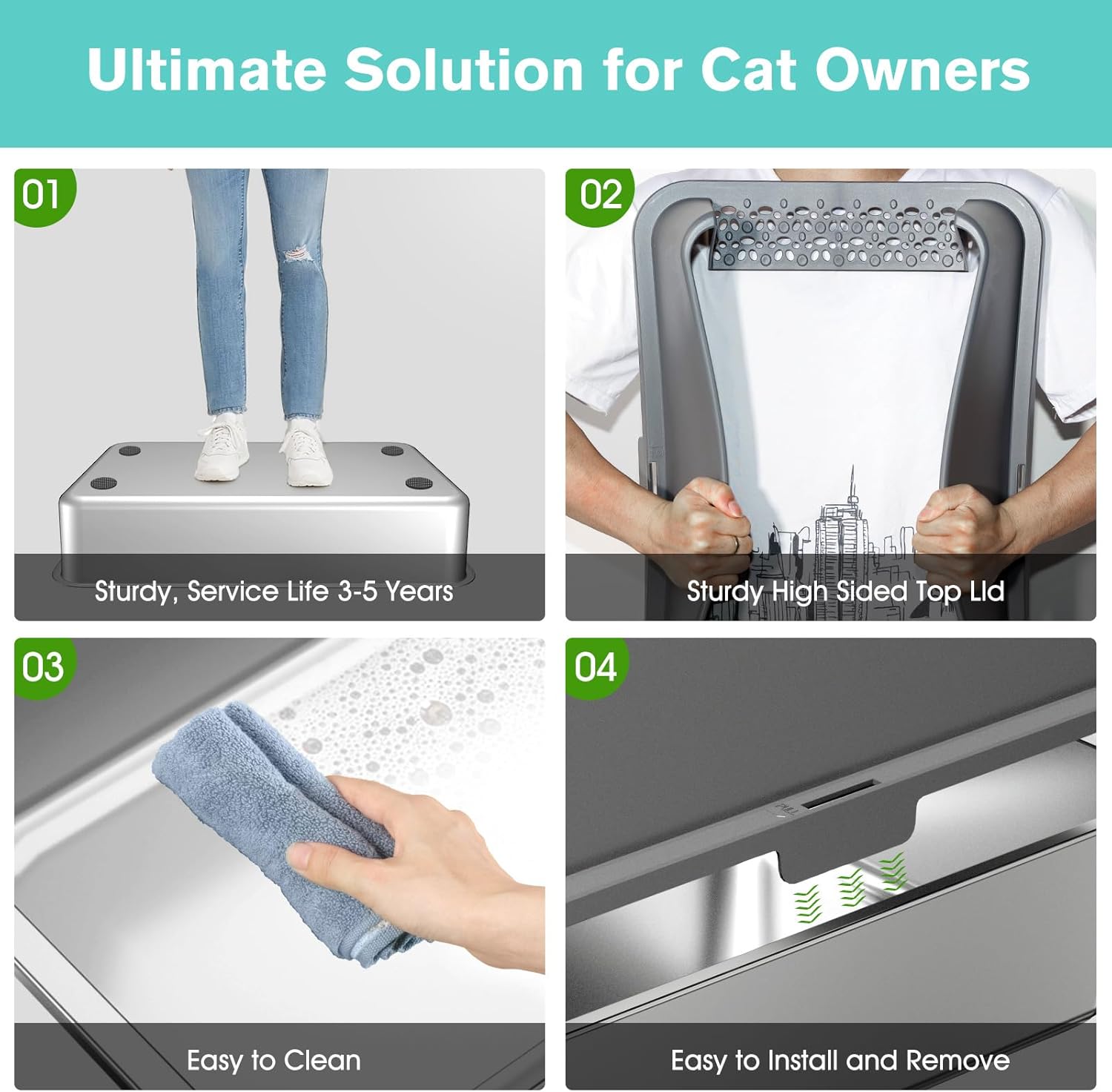 Stainless Steel Cat Litter Box with High Sides Lid, Extra Large XL Litter Box for Big Cats,Enclosed Metal Kitty Litter Pan with Anti-Leakage Enclosure, Non-Stick, Odorless,Scoop Included (Dark Grey)…