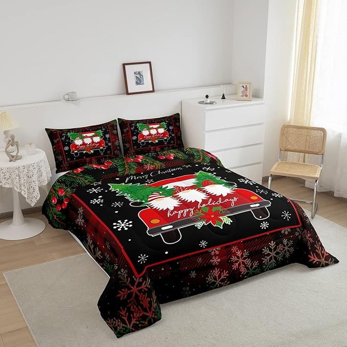 Feelyou Merry Christmas Bedding Sets for Kids, Black White Xmas Tree Car Snowflake Geometric Comforter Set King Size Decor 3 Pcs with 2 Pillow Cases Boys