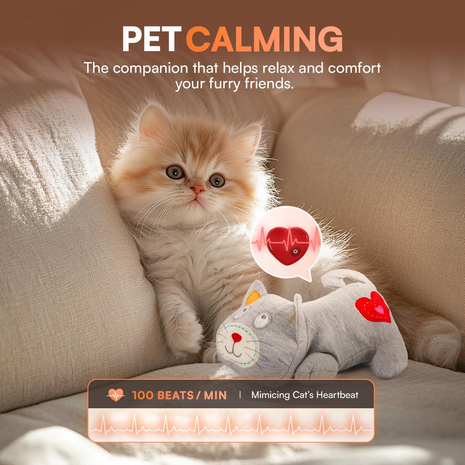 ALL FOR PAWS Heartbeat Cat Plush Toy – Calming Kitten Companion with Realistic Heartbeat, Anxiety Relief for Indoor Cats Dogs Pets