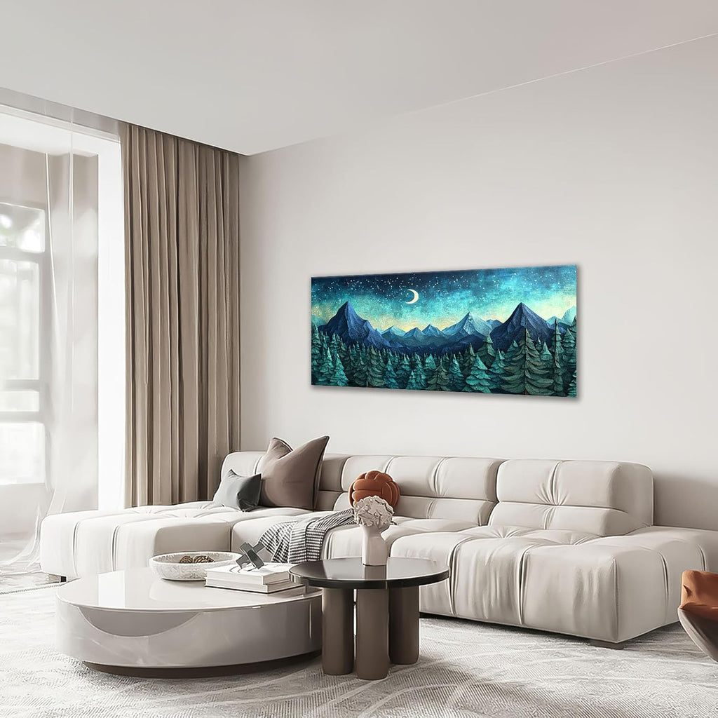 Quorin Abstract Mountain Large Wall Art Forest Moon Starry Night Sky Pictures Nature Landscape Wall Decor Canvas Print Painting Artwork for Bathroom Living Room Bedroom 30"x60"