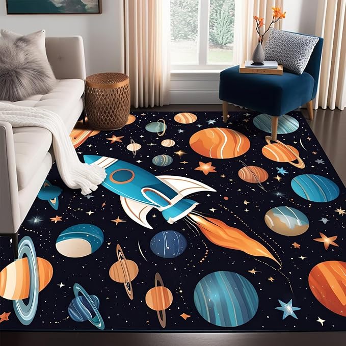 Space Rocket Rug for Boys Room Rugs Cartoon Planet Carpet Galaxy Stars Printed Throw Rugs for Kids Teens Doormat Bedroom Living Room,31 in X 47 in