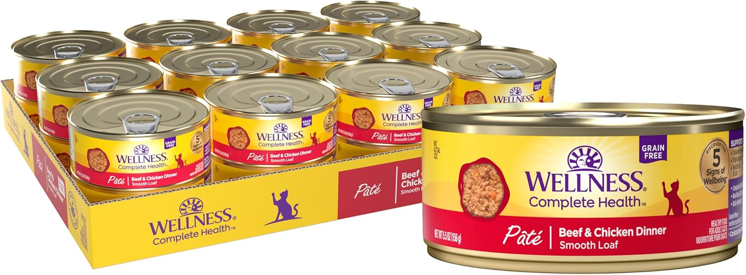 Wellness Complete Health Pate Adult Wet Cat Food, Natural, Protein-Rich, Grain Free, 5.5 Ounce, 24 Pack, (Beef & Chicken)