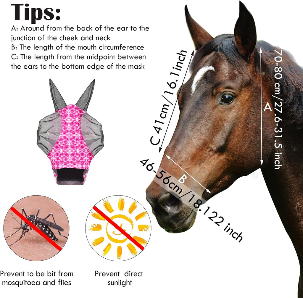 Frienda 4 Pieces Horse Fly Masks with Ears Face Covering UV Protection from Insect Pests Elasticity Smooth Comfortable Mesh Horse Mask Accessories(Tie-dye,Medium)