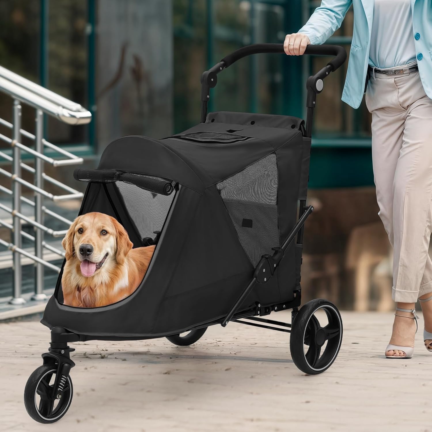 Magshion Pet Stroller for Medium Dogs w/Adjustable Handle, 3-Wheel Dog Cat Wagon w/Dual Entry, Rear Storage, Breathable Mesh, One-Foot Brake, Ideal for Large Pets up to 55 lbs, Black