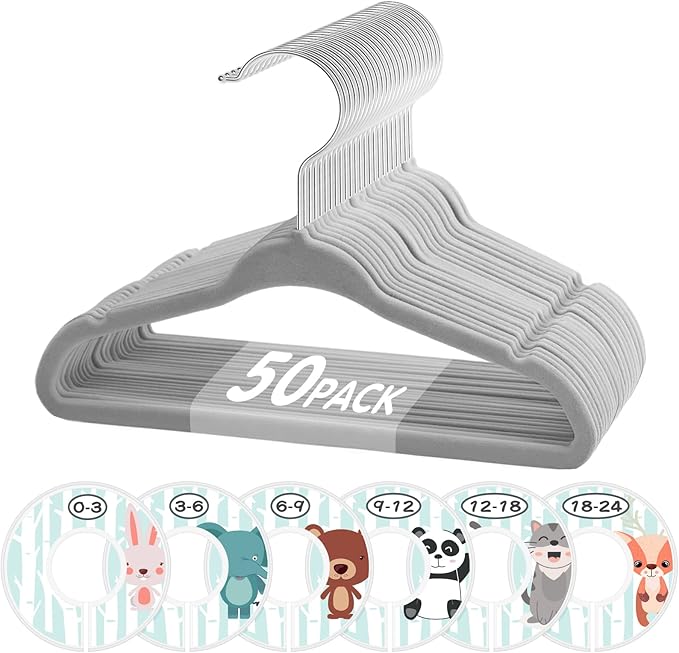 VIS'V Baby Hangers, 11 Inch Velvet Kids Hangers with 6 Pcs Clothes Size Dividers, Infant Toddler Nursery Closet Organization, Non Slip, Gray, 50 Pcs