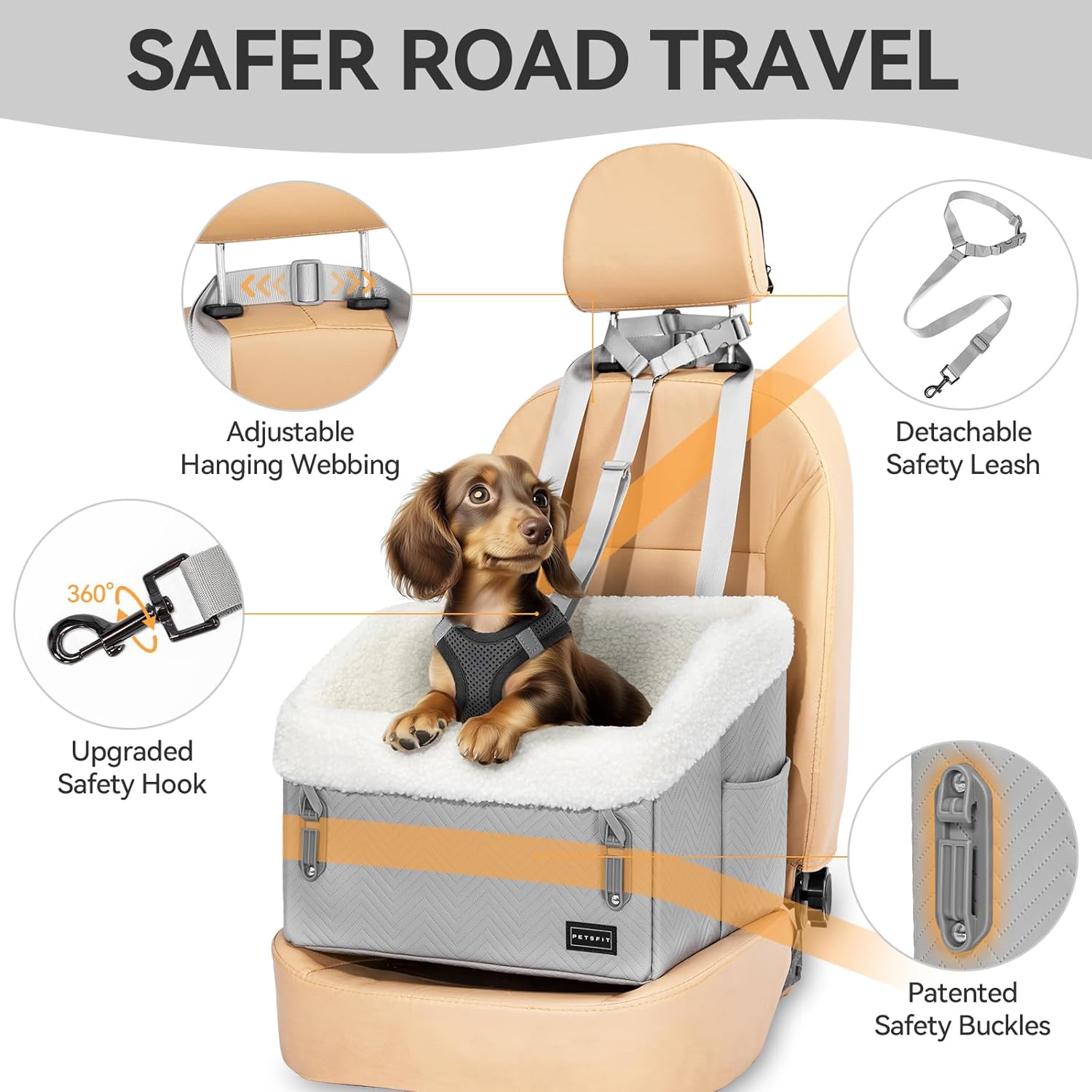 PETSFIT Small Dog Car Seat, Waterproof PU Leather Dog Booster Car Seat with Patented Safe Buckles, Pet Carseat for Medium or Small Sized Pets up to 30 lbs (Grey)