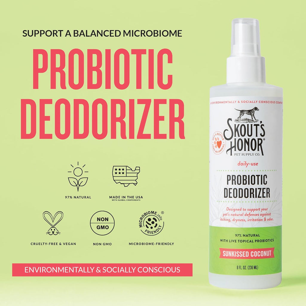 SKOUT'S HONOR Probiotic Pet Deodorizer Spray- Hydrating Daily-Use with Avocado Oil & Omega-3s, Microbiome Friendly Certiified, Paraben & Sulfate-Free, 97% Natural, 8oz, Sunkissed Coconut, 2-Pack