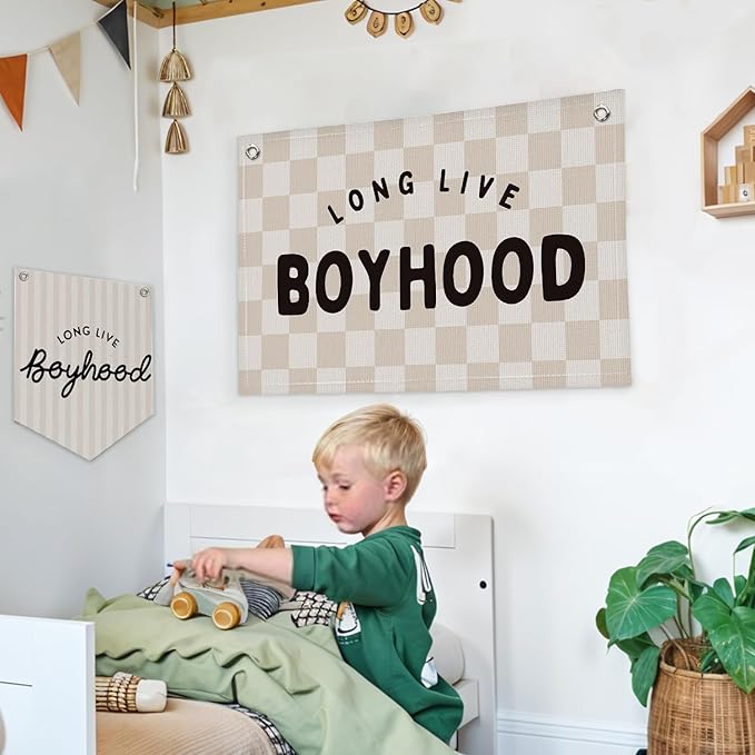 Lacama Long Live Boyhood Boys Room Decor, Linen Banner Wall Hanging Banner Flag Decor for Toddler Boy Room Nursery, Wall Hanging Flag 30x20 Inch