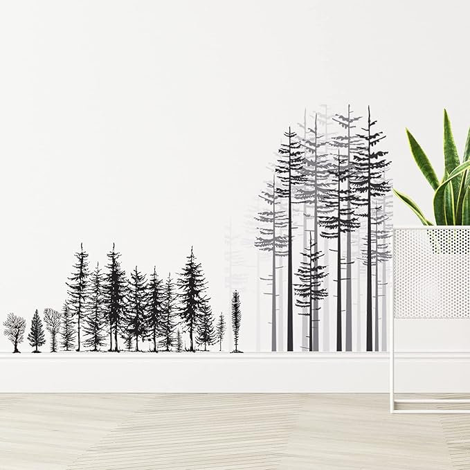 Outus 3 Sheets Mountain Forest Bear Wall Decals Stickers Pine Tree Wall Decals Woodland Trees Wall Stickers Forest Decals for Kids Nursery Bedroom Living Room Decor,11.8 x 35.4 Inches