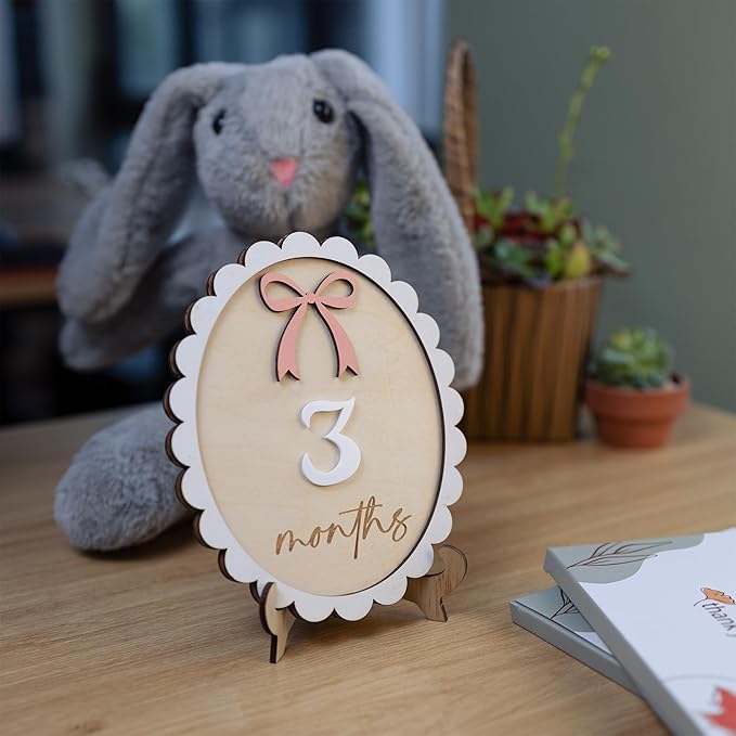 Baby Monthly Milestone Wooden Sign with Numbers and Stand – Natural Wood Milestone Board for Newborn Monthly Growth Photos – Cute 3D Flowers Photo Prop for Baby Milestone Memories (Light Pink Wooden)