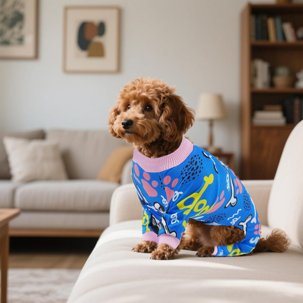 2PCS Dog Pajamas for Small Sized Doggie Pjs Clothes Puppy Onesies Outfits Pet Jammies Boy Girl Male Female Apparel Soft Lightweight Strechy Paw Bone Puppy Print S