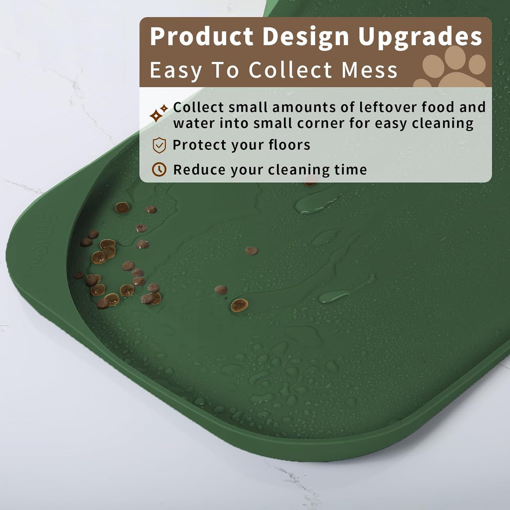 Silicone Pet Feeding Mat with Raised Edge & Residue Collection Pocket for Food and Water, Dog Bowl Mats, Cat Bowls Placemat with High Lip for Floor Waterproof, 24 x 16 x 0.8 Dark Olive