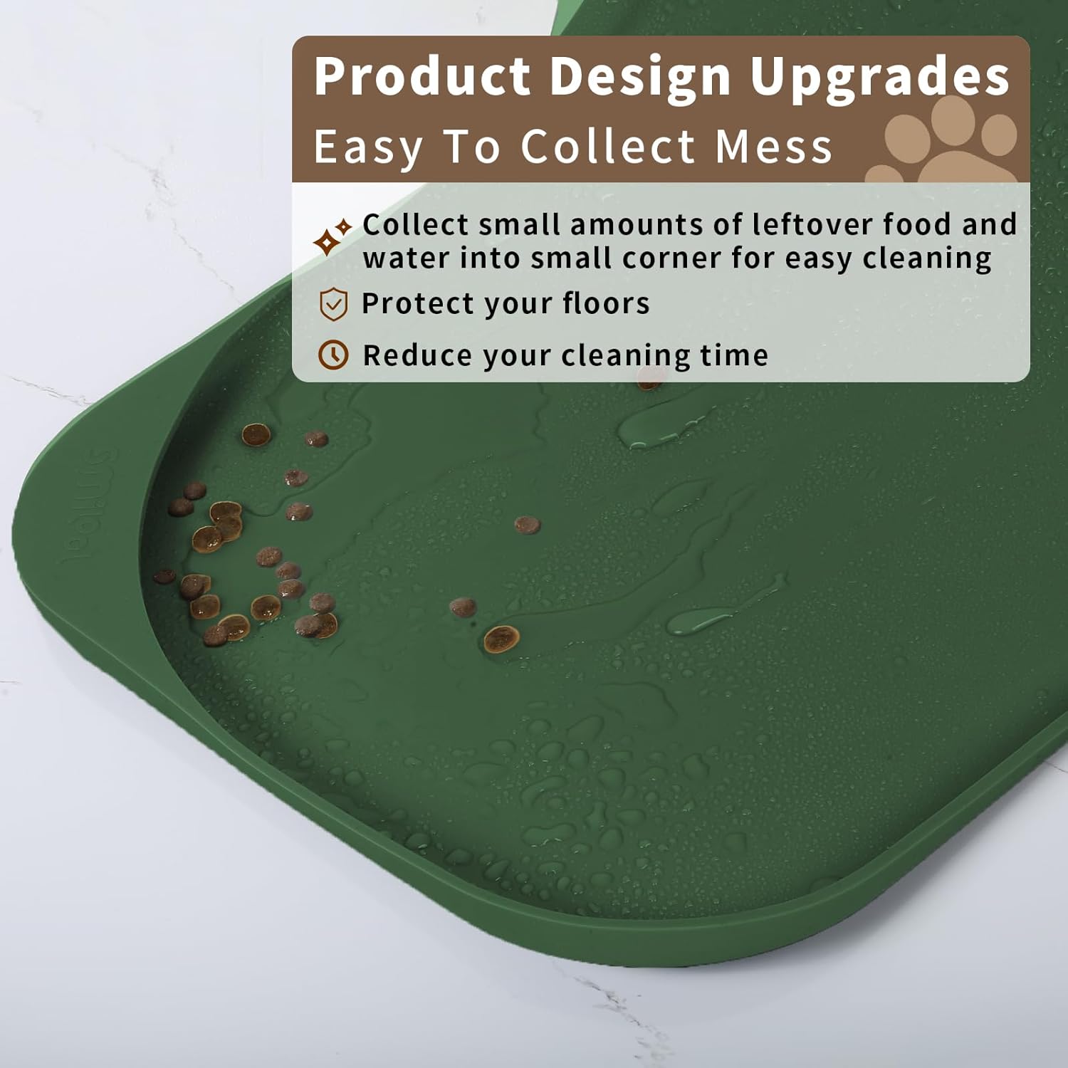 Silicone Pet Feeding Mat with Raised Edge & Residue Collection Pocket for Food and Water, Dog Bowl Mats, Cat Bowls Placemat with High Lip for Floor Waterproof, 22 x 14 x 0.8 Dark Olive