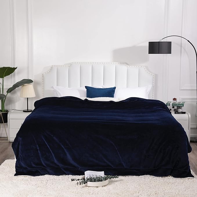 NANPIPER King Size Sherpa Blanket, Soft Fleece Throw for Bed, Reversible Thick Fuzzy Blanket for Winter (Navy Blue, 90x108 inches)