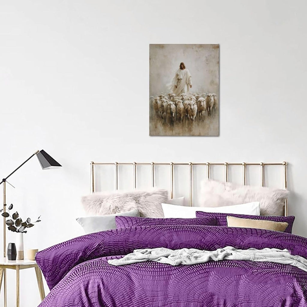 Jesus and Lamb Wall Art Christian Jesus Lamb Canvas Wall Decor Christ Religious Pictures painting Print Framed Artwork Decorations Gifts for Living Room Bedroom Prayer Room Church 12"x16"