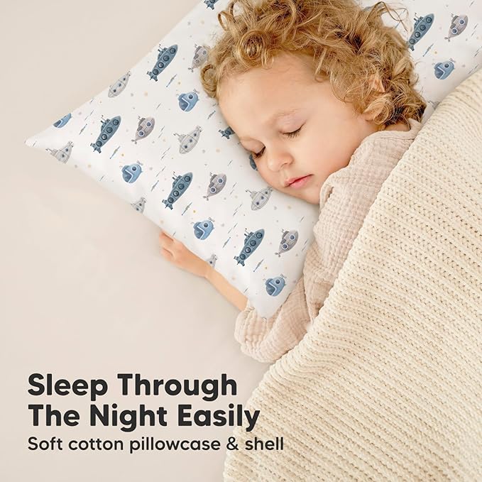 Toddler Pillow with Pillowcase - 13x18 My Little Dreamy Kids Travel Bed Pillows for Sleeping, Organic Cotton Small Pillowcase, Soft & Breathable, Machine Washable, Toddlers 2-5 Years Old (Submarines)