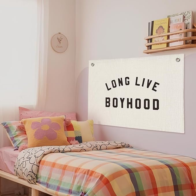 "Long Live Boyhood" Wall Banner 20x30 Inch - Boys Room Decor, Linen Canvas Wall Hanging for Toddler Playroom, Rustic Nursery Sign, Adventure Theme Kids Bedroom Banner - White