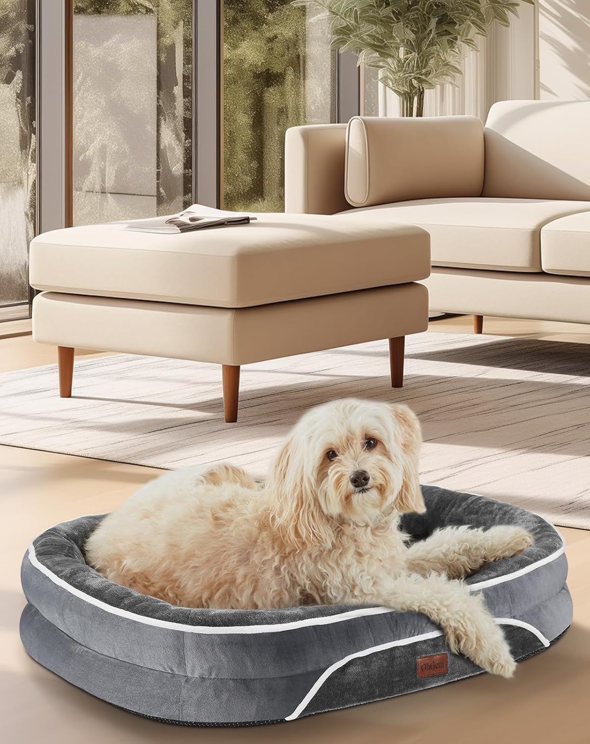 OhGeni Orthopedic Dog Couch Pet Sofa Medium Sized Cat Beds with Comfort Foam Support, Soft Comfortable Fabric, Machine Washable Waterproof Removable Cover, 28-Inch (Gray)