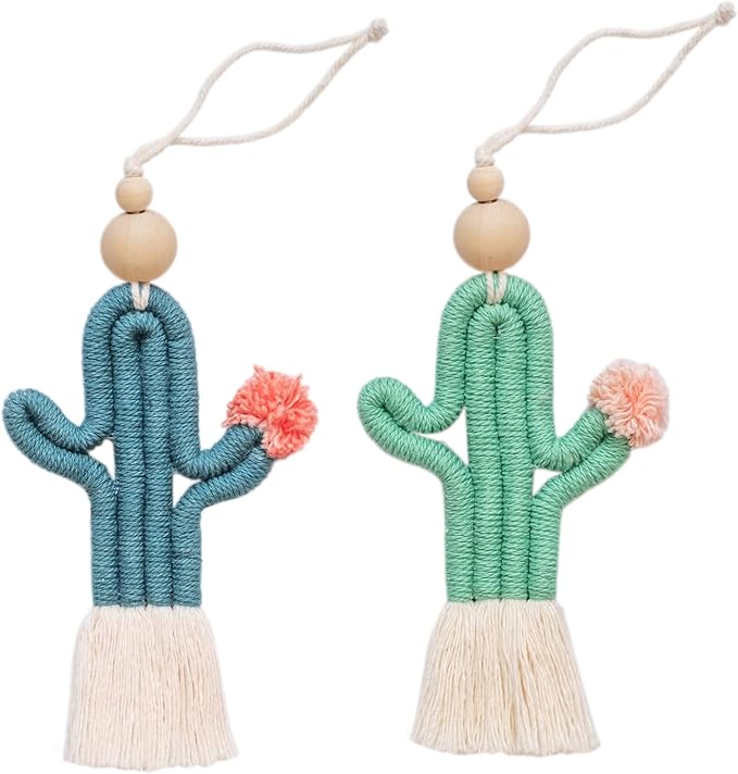 Mila Millie 2 Pack Cactus Macrame Wall Hanging | Handmade Woven Tassel Ornament for Home or Nursery Baby Kids Room Decor | Boho Nordic Scandinavian Style (Blue Green)