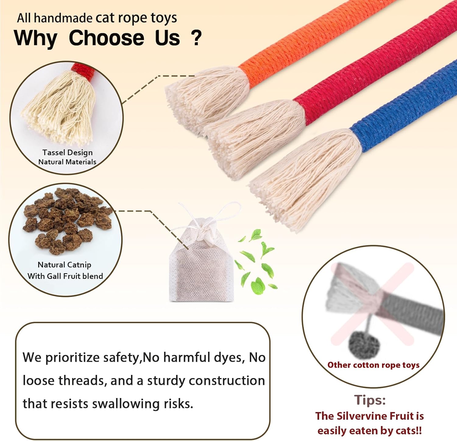 Retro Shaw Cat Toys Chew Ropes, Catnip Rope Toys for Indoor Cats Kitten, Safe Cat String Kitten Chew Teething Toy Kitty Nip Kicker - Pack of 3, 23.6 Inches