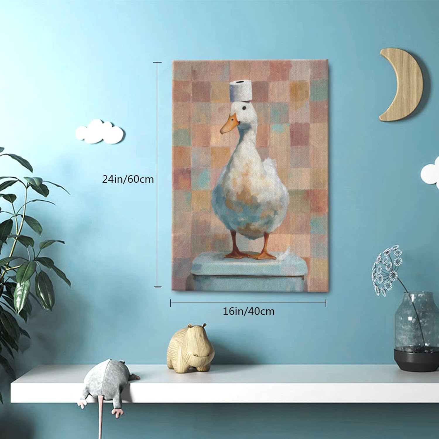 Funny Duck Bathroom Wall Art Cute Duck on Toilet Canvas Wall Decor Funny Quirky Farm Animal Pictures Painting Print Framed Artwork Decorations Gifts for Bathroom 16"x24"