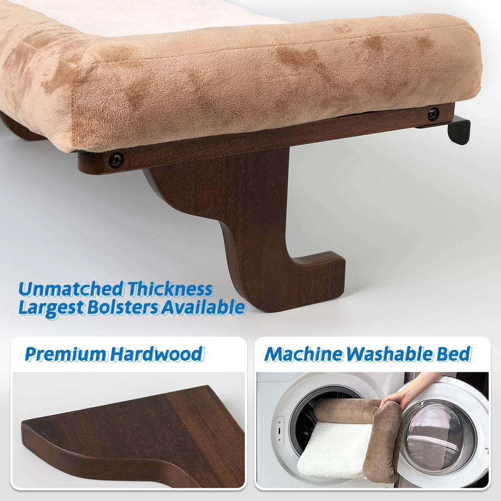 Cat Perch for Window Sill with Bolster - Orthopedic Hammock Design with Premium Hardwood & Robust Metal Frame - Cat Window Seat for Large Cats and Kittens - Dark Stained Wood with Brown Bed