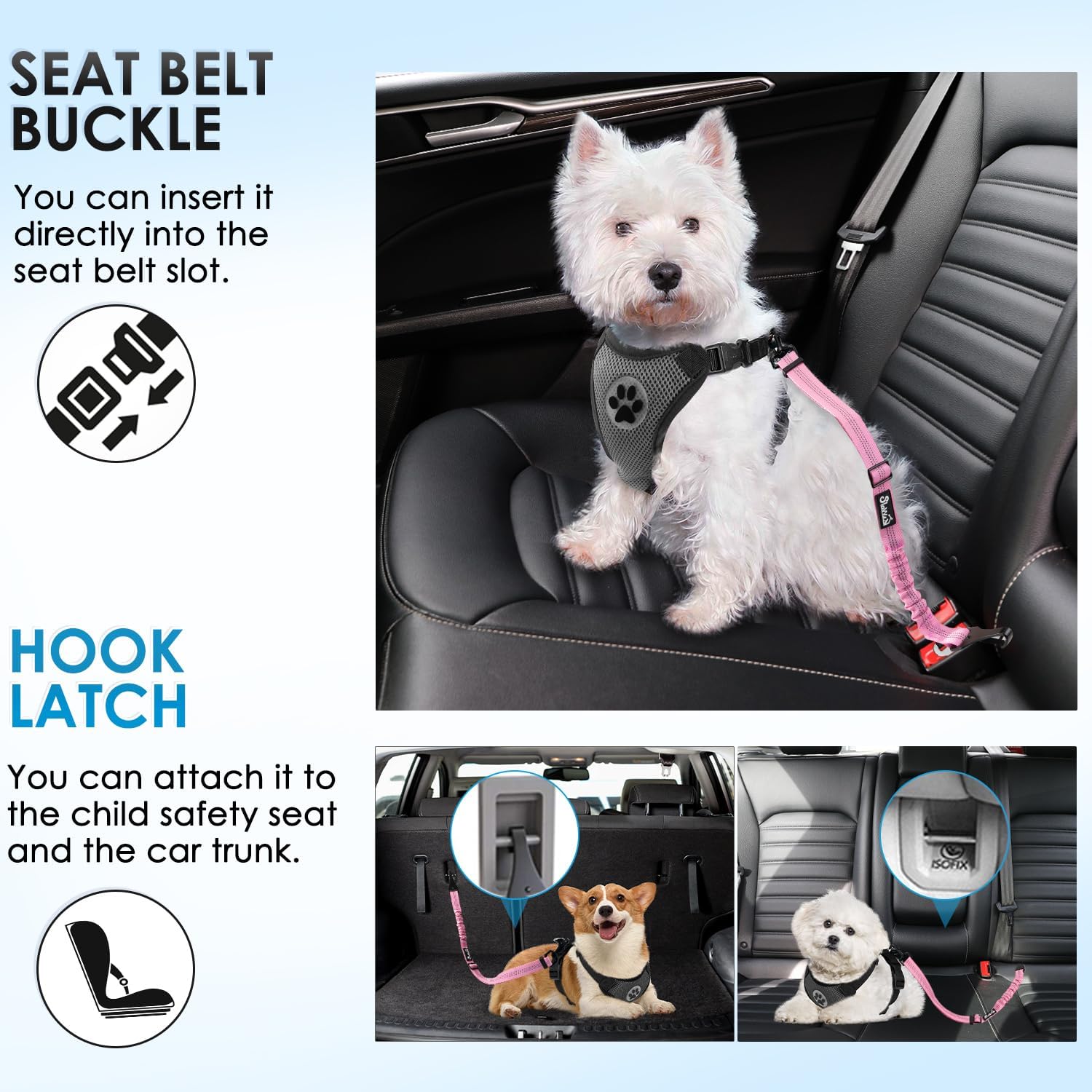 Lukovee Dog Seatbelt Leash for Cars, 2 Pack Pet Safety Seat Belt with Adjustable Buckle & Reflective Bungee, Connect Dog Harness in Vehicle Dogs Restraint Travel Daily Use (Pink)